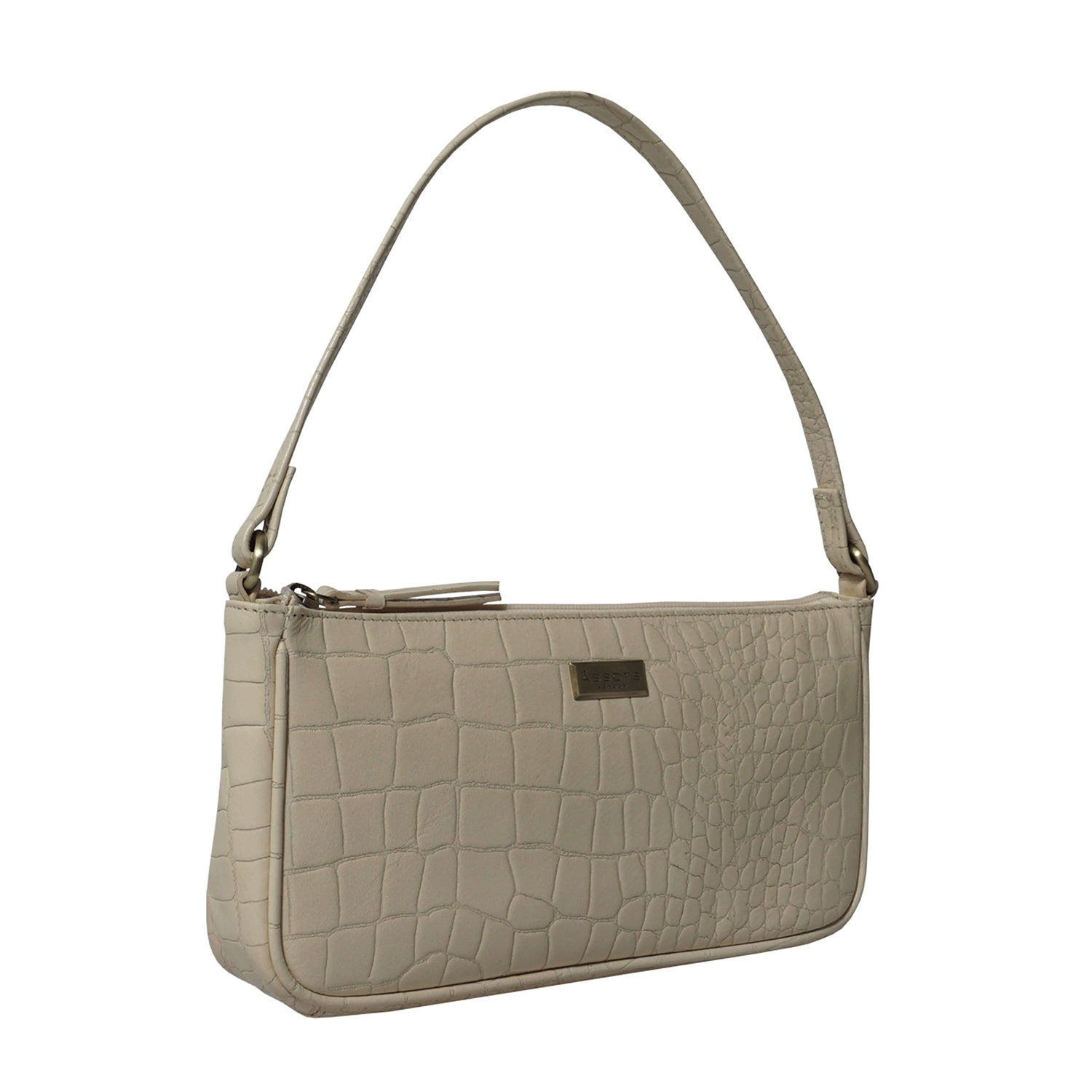 ASSOTS LONDON Zara 100% Genuine Leather Croc Embossed Handbag (Size 25x14x5 Cm) - Off White_6249949_2