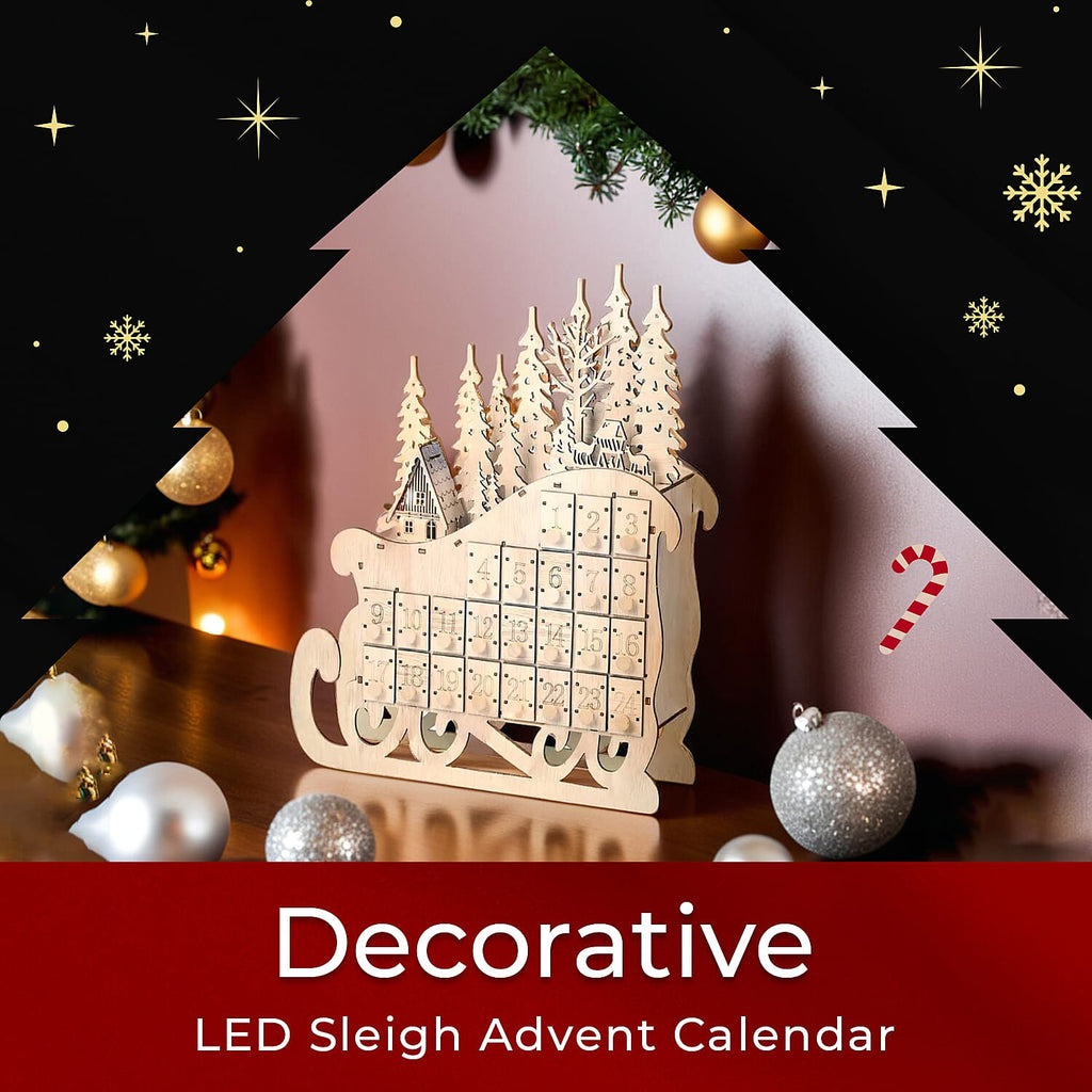 Christmas Decorative - LED Sleigh Advent Calendar (Size 40x32x10 Cm) - Light Brown