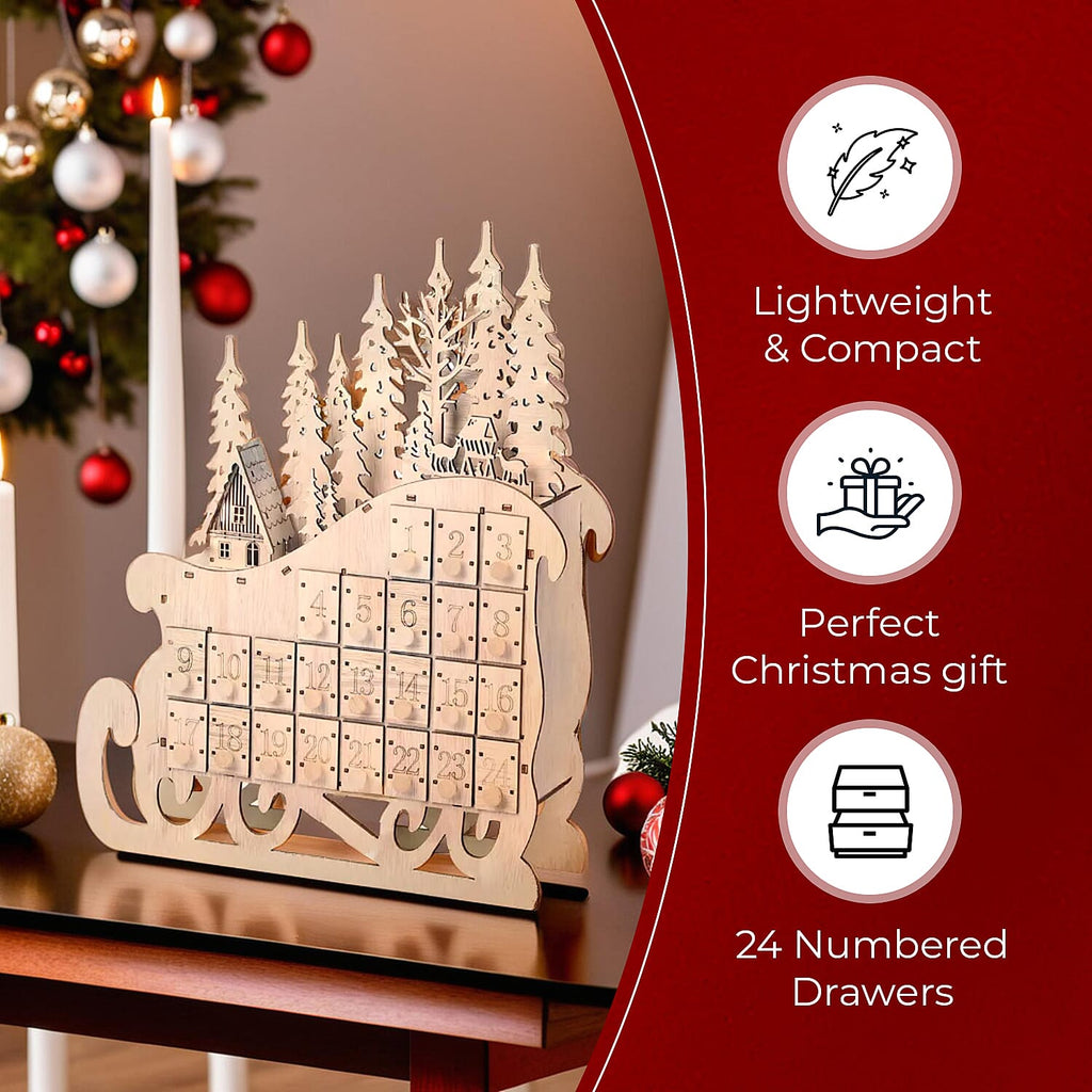 Christmas Decorative - LED Sleigh Advent Calendar (Size 40x32x10 Cm) - Light Brown