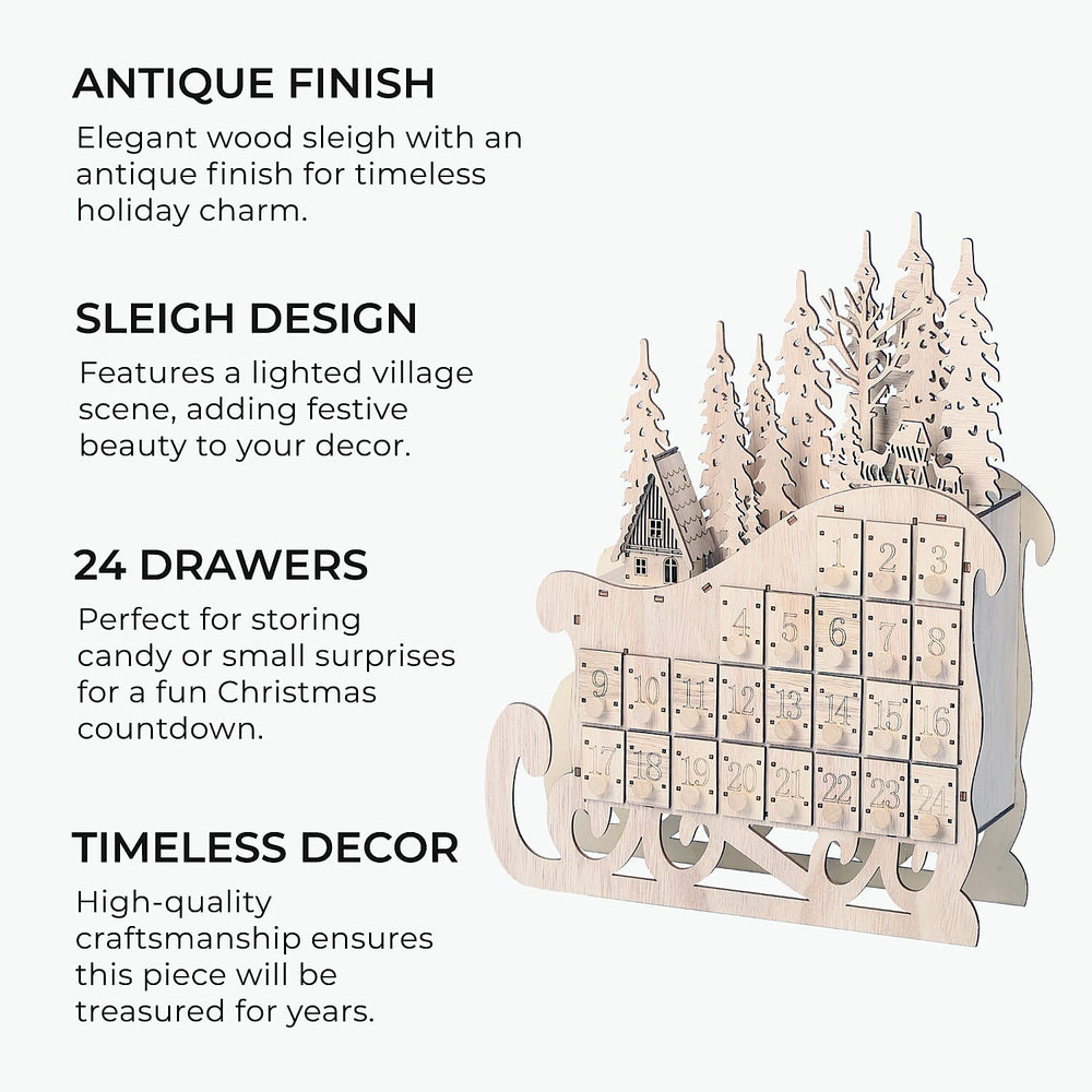 Christmas Decorative - LED Sleigh Advent Calendar (Size 40x32x10 Cm) - Light Brown