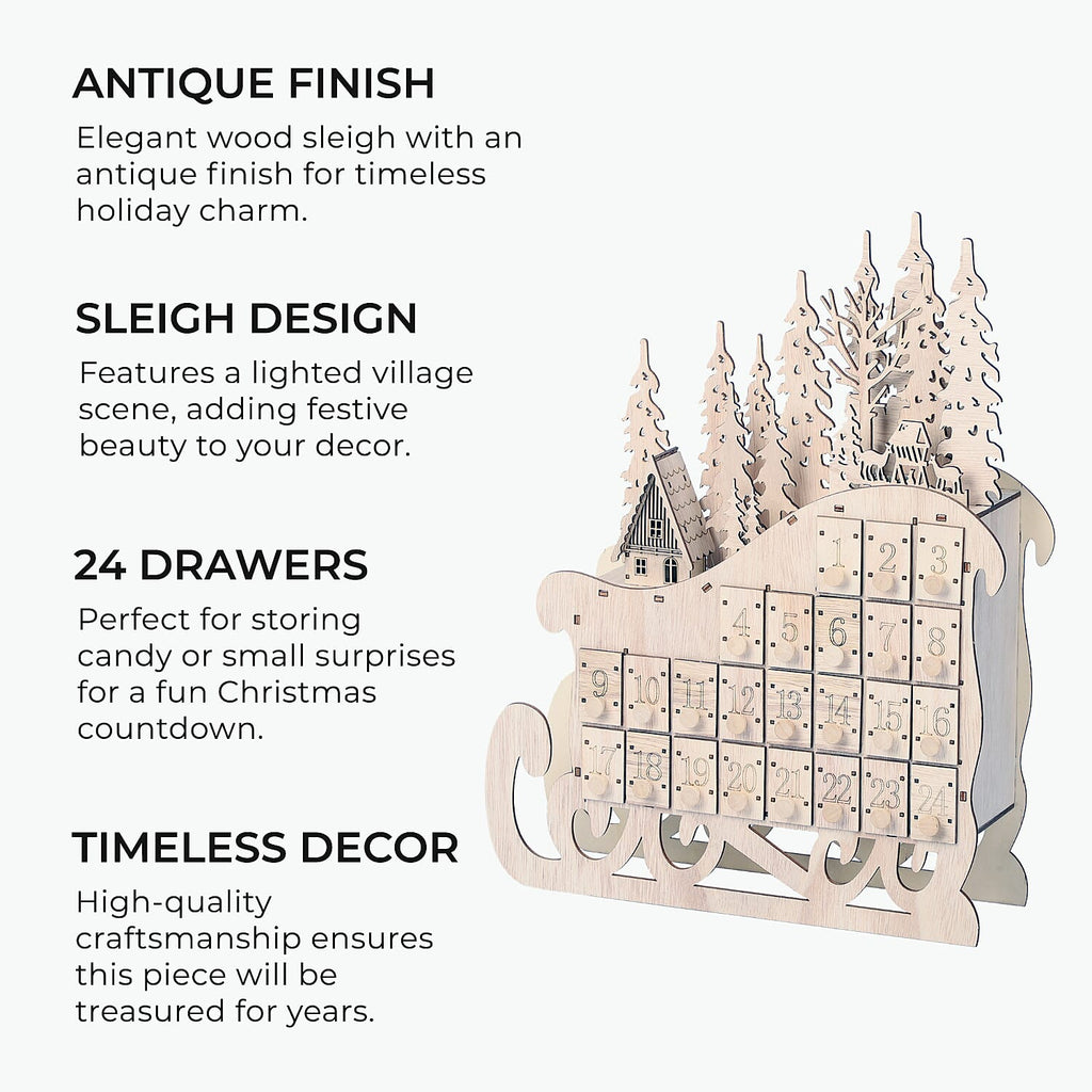 Christmas Decorative - LED Sleigh Advent Calendar (Size 40x32x10 Cm) - Light Brown
