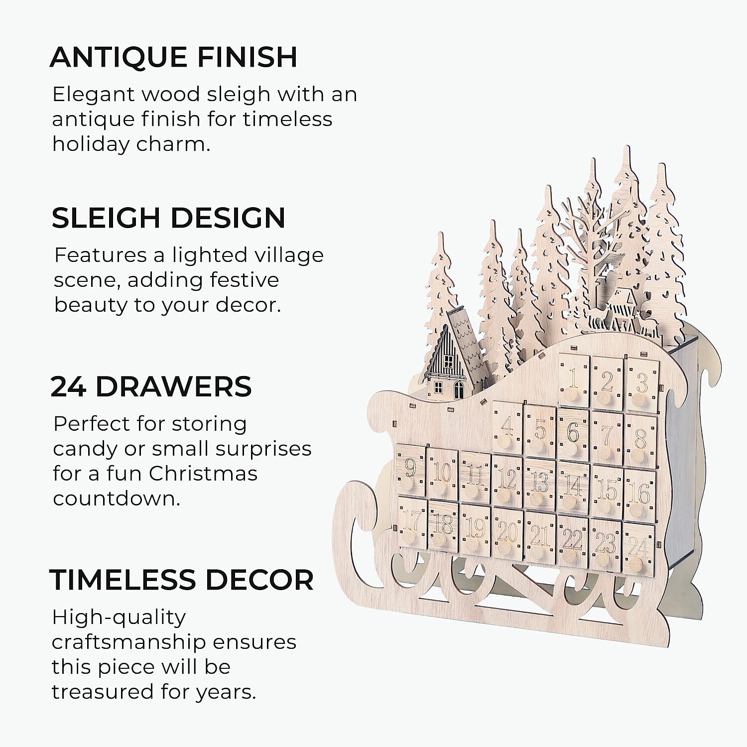 Christmas Decorative - LED Sleigh Advent Calendar (Size 40x32x10 Cm) - Light Brown