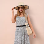 2 Piece Set - Handbag with Matching Hat Glittering Braided Stripe Pattern Tote Bag and Zipper Closure - Beige_6277090_1