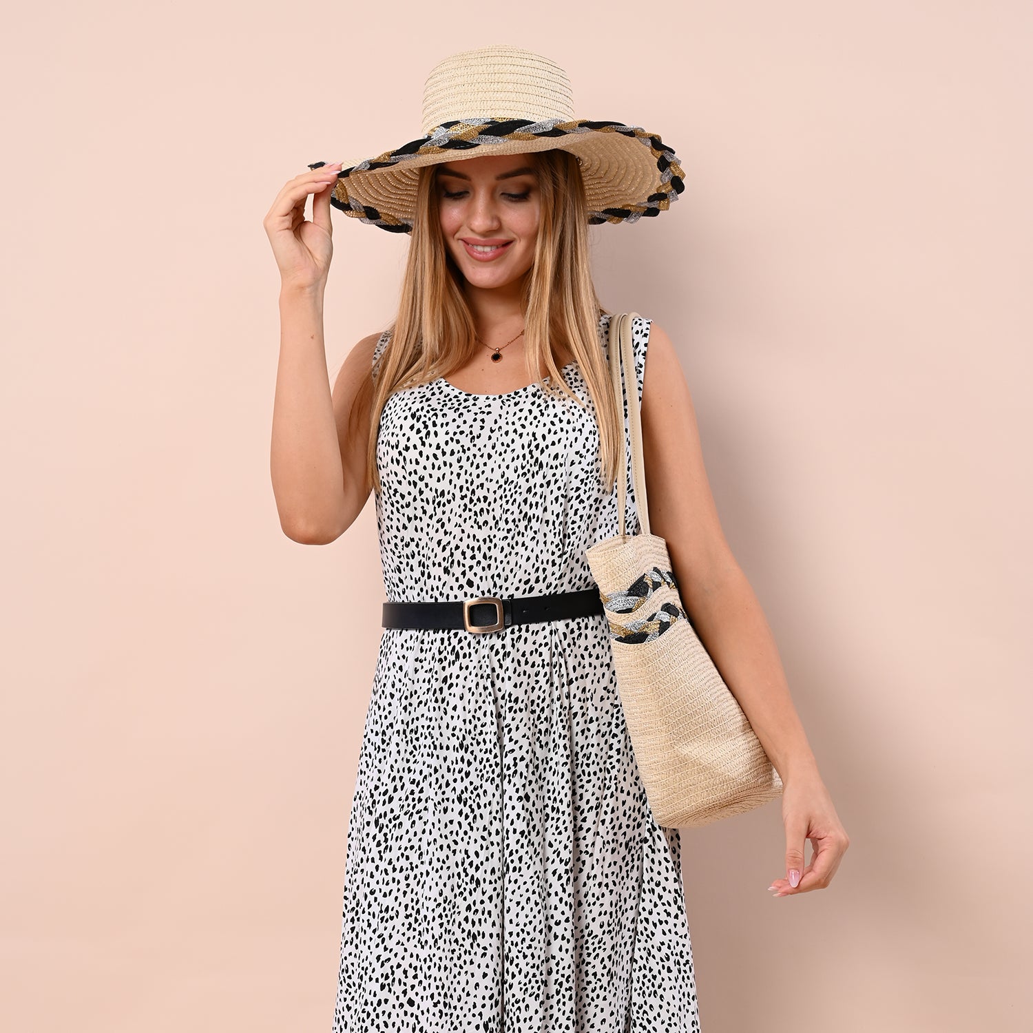 2 Piece Set - Handbag with Matching Hat Glittering Braided Stripe Pattern Tote Bag and Zipper Closure - Beige_6277090_1