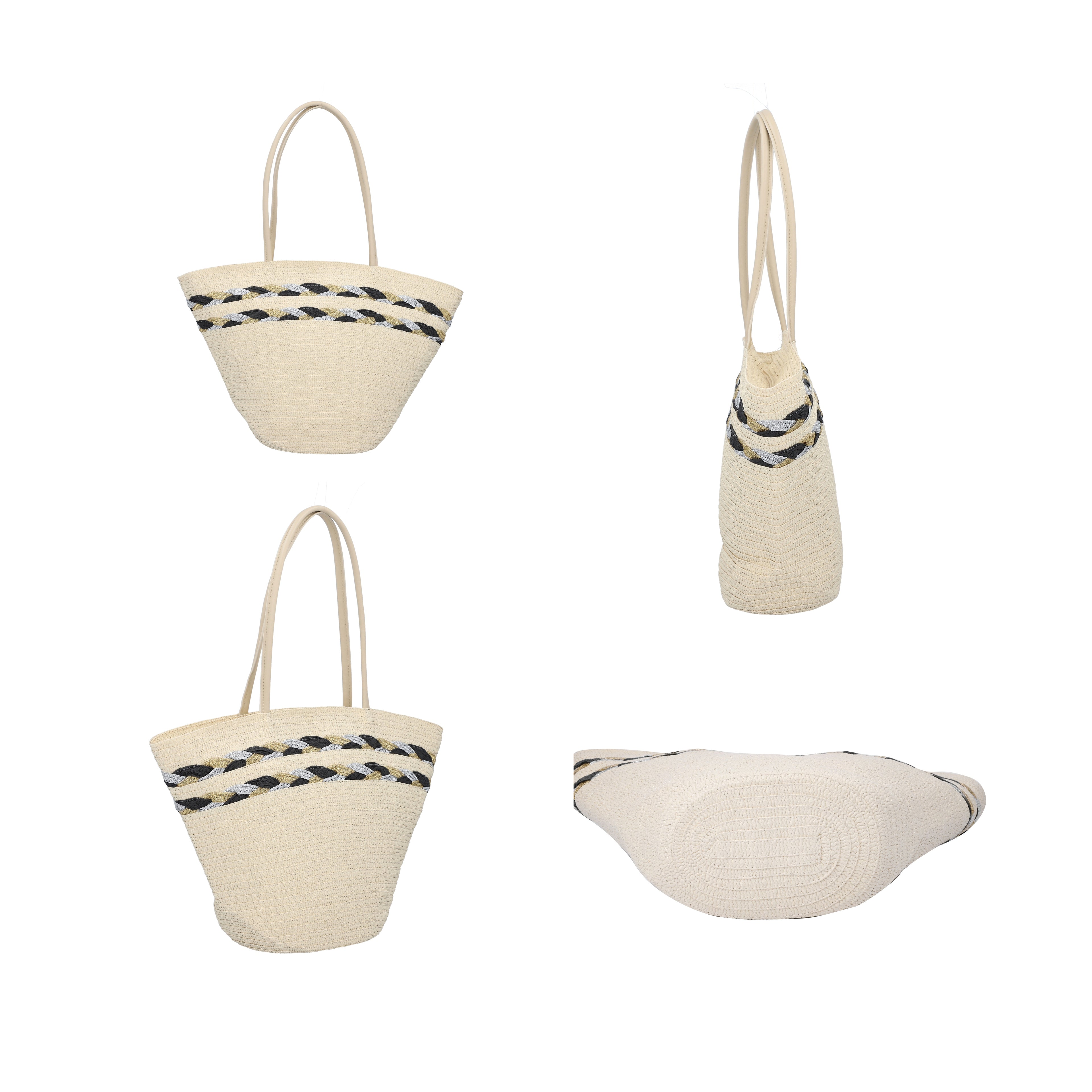 2 Piece Set - Handbag with Matching Hat Glittering Braided Stripe Pattern Tote Bag and Zipper Closure - Beige_6277090_3