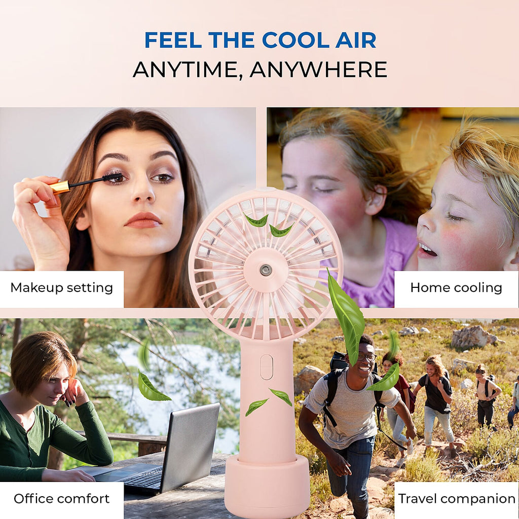 2 in 1 Mist Spray Fan with Detachable Base (Size 20x11x4 cm) - Pink -  USB Charged