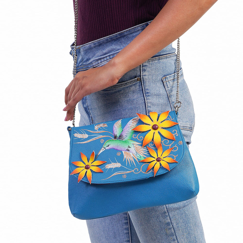 THE HANDCRAFTED LUXURY - Sukriti 100% Genuine Leather Handpainted Shoulder Bag - Blue