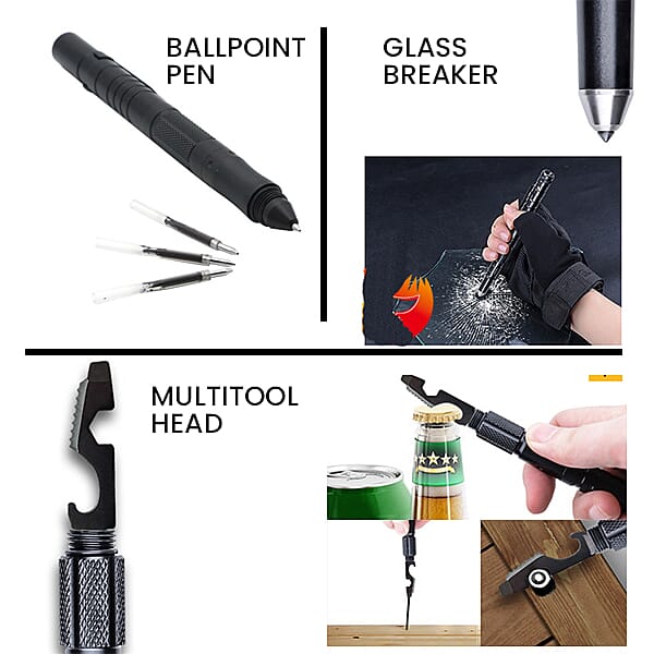 7 in 1 Metal Multi Function Tactical Touch Screen Ball Pen and Multi Functional Card - Black