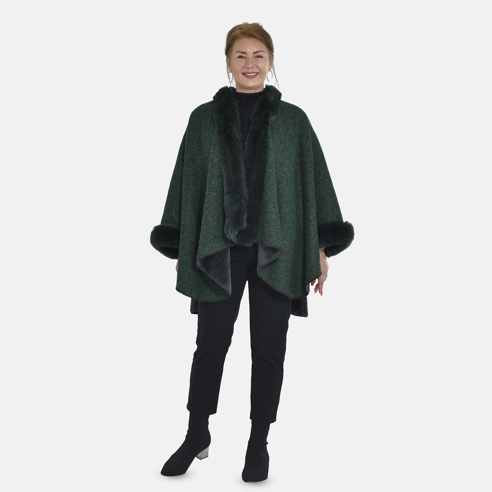 TAMSY - Double Layer Knit Faux Fur Kimono - Dark Green_7011187