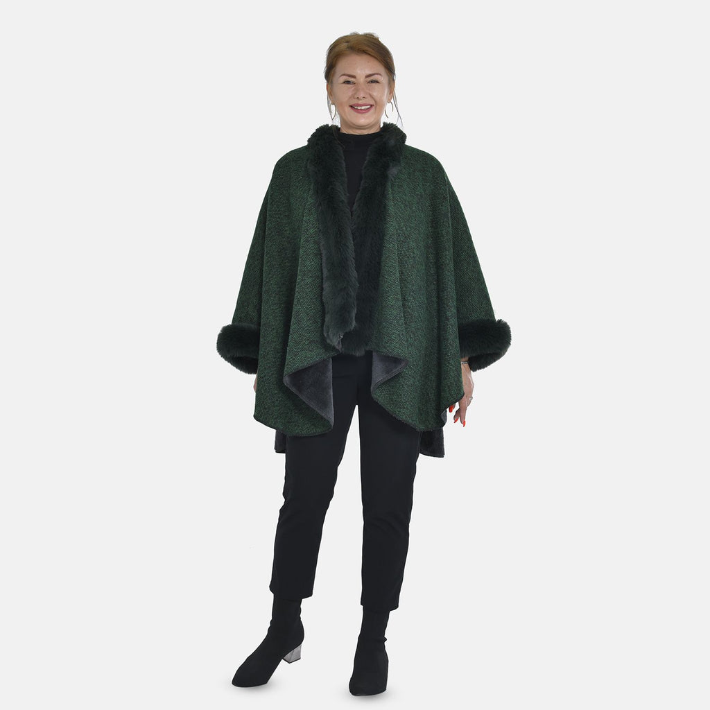 TAMSY - Double Layer Knit Faux Fur Kimono - Dark Green_7011187
