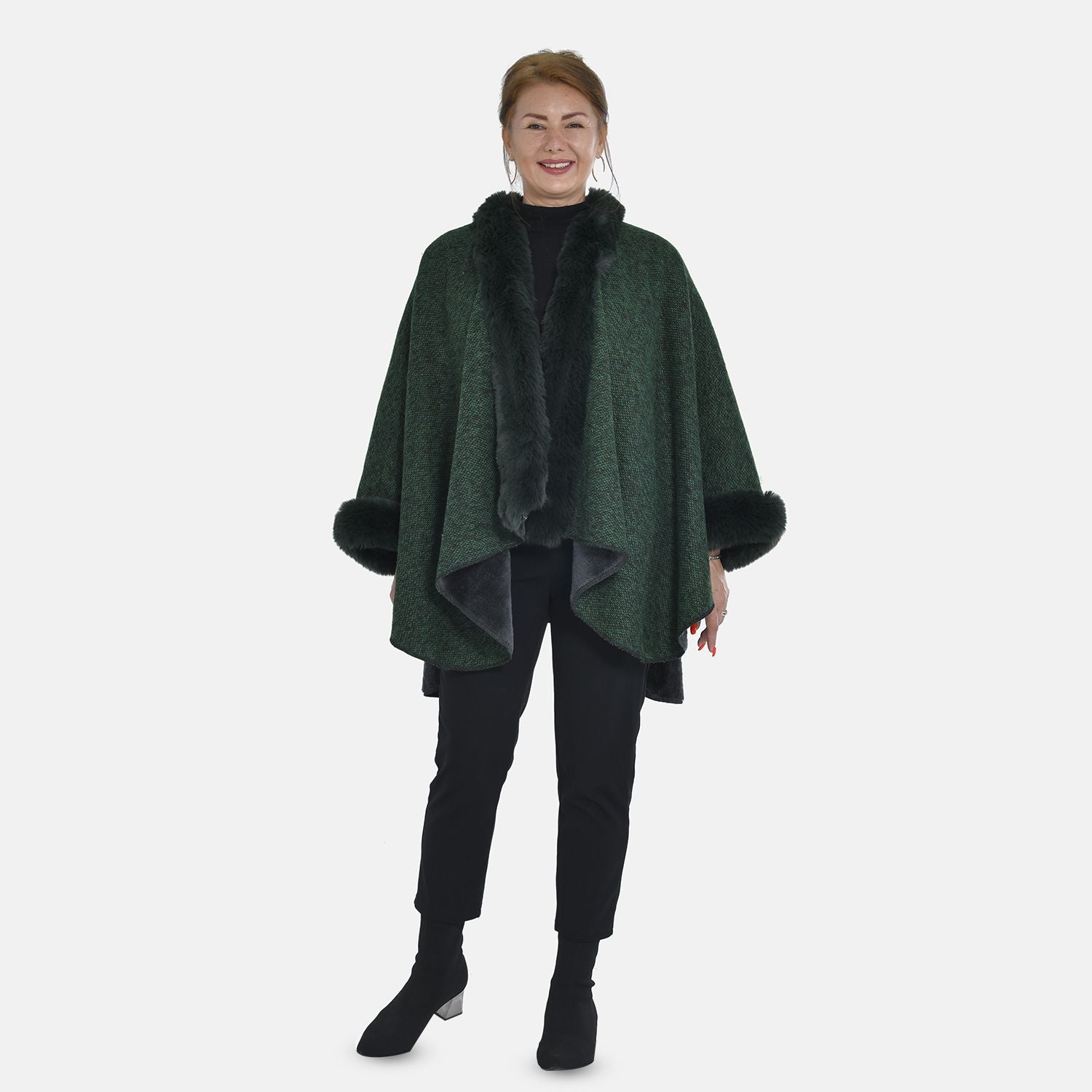 TAMSY - Double Layer Knit Faux Fur Kimono - Dark Green_7011187