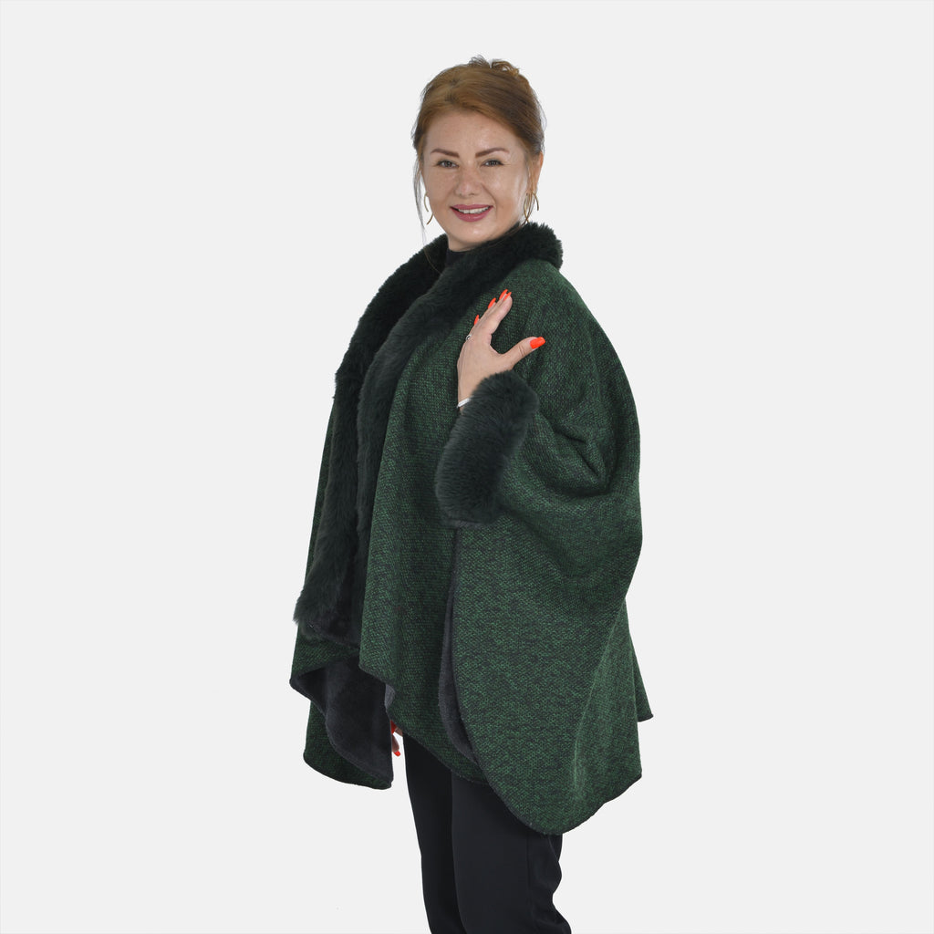 TAMSY - Double Layer Knit Faux Fur Kimono - Dark Green_7011187_2