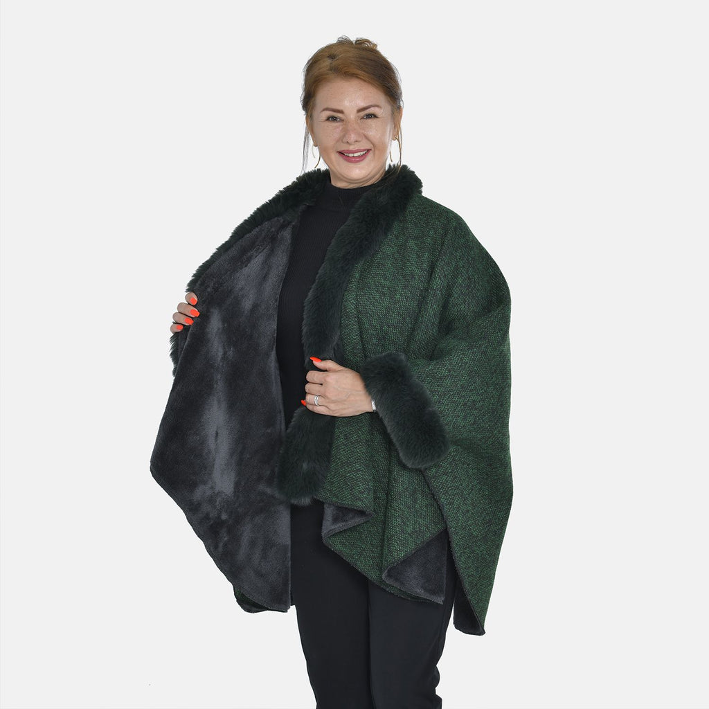 TAMSY - Double Layer Knit Faux Fur Kimono - Dark Green_7011187_3