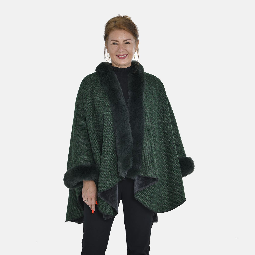 TAMSY - Double Layer Knit Faux Fur Kimono - Dark Green_7011187_4
