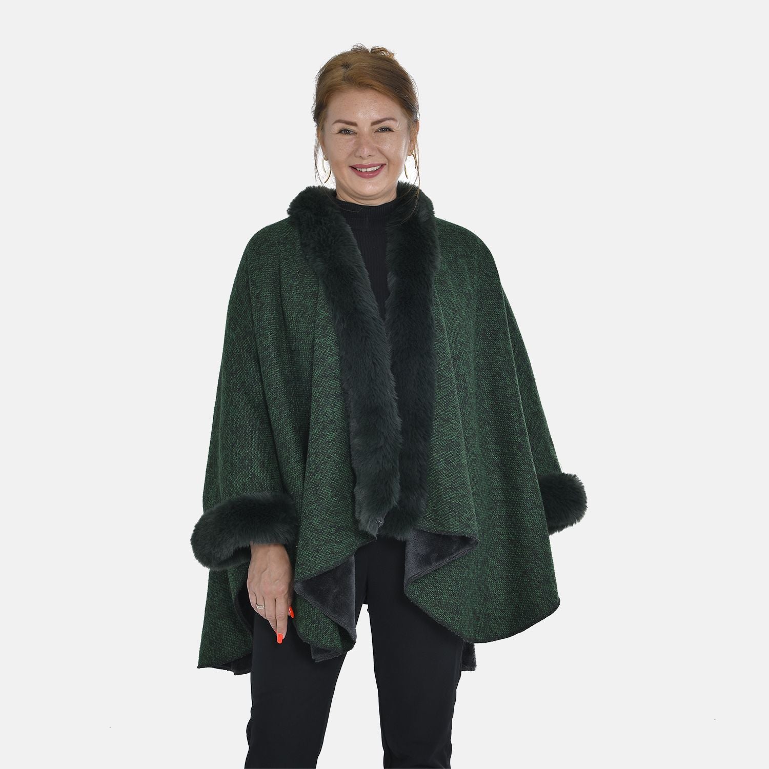 TAMSY - Double Layer Knit Faux Fur Kimono - Dark Green_7011187_4