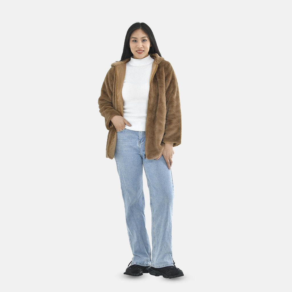 Tamsy Faux Fur Hoodie (Size L,16-18) - Brown_7019310