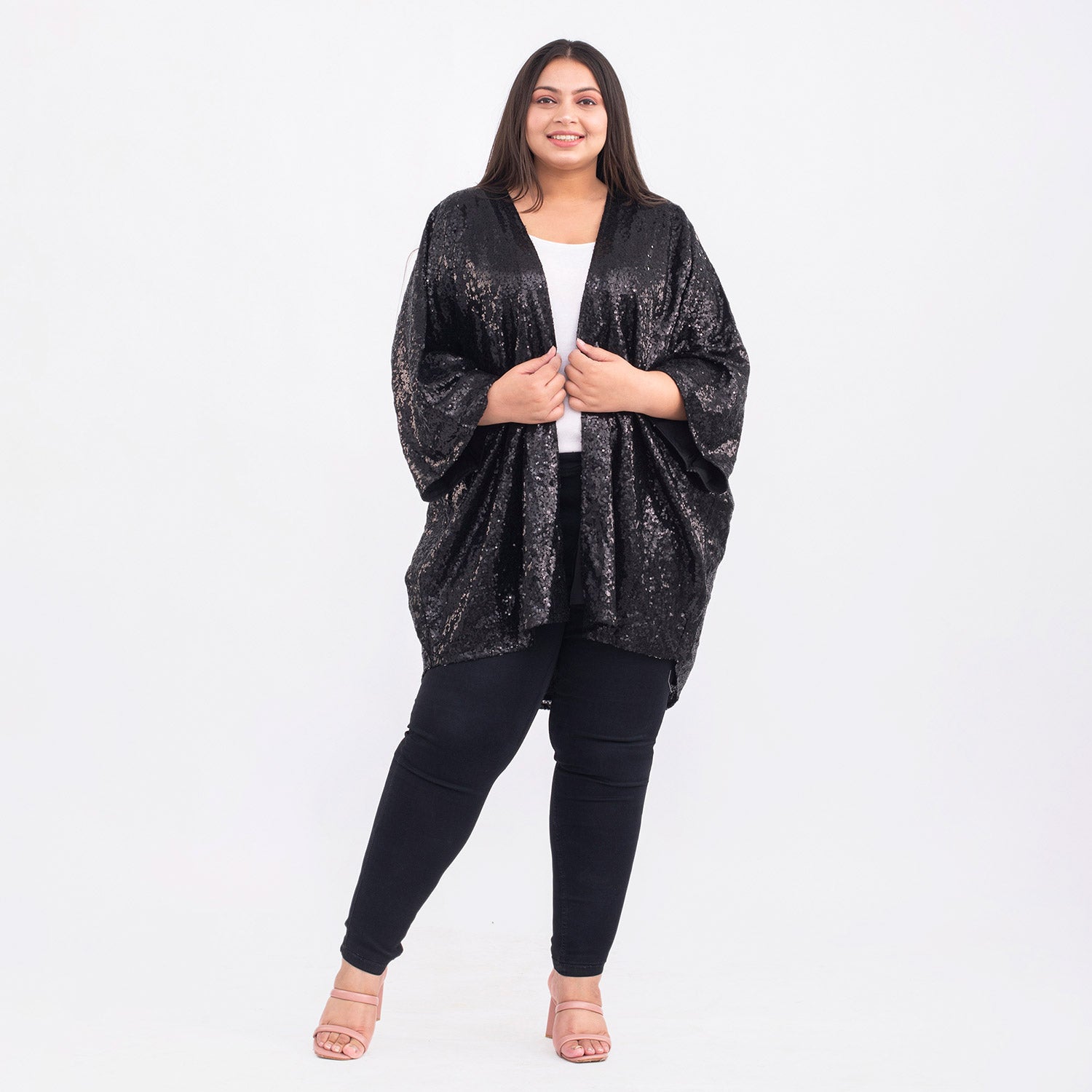 TAMSY Sequin Kimono with Poly Knit Lining (One Size Curve 20-26) - Black_7139491