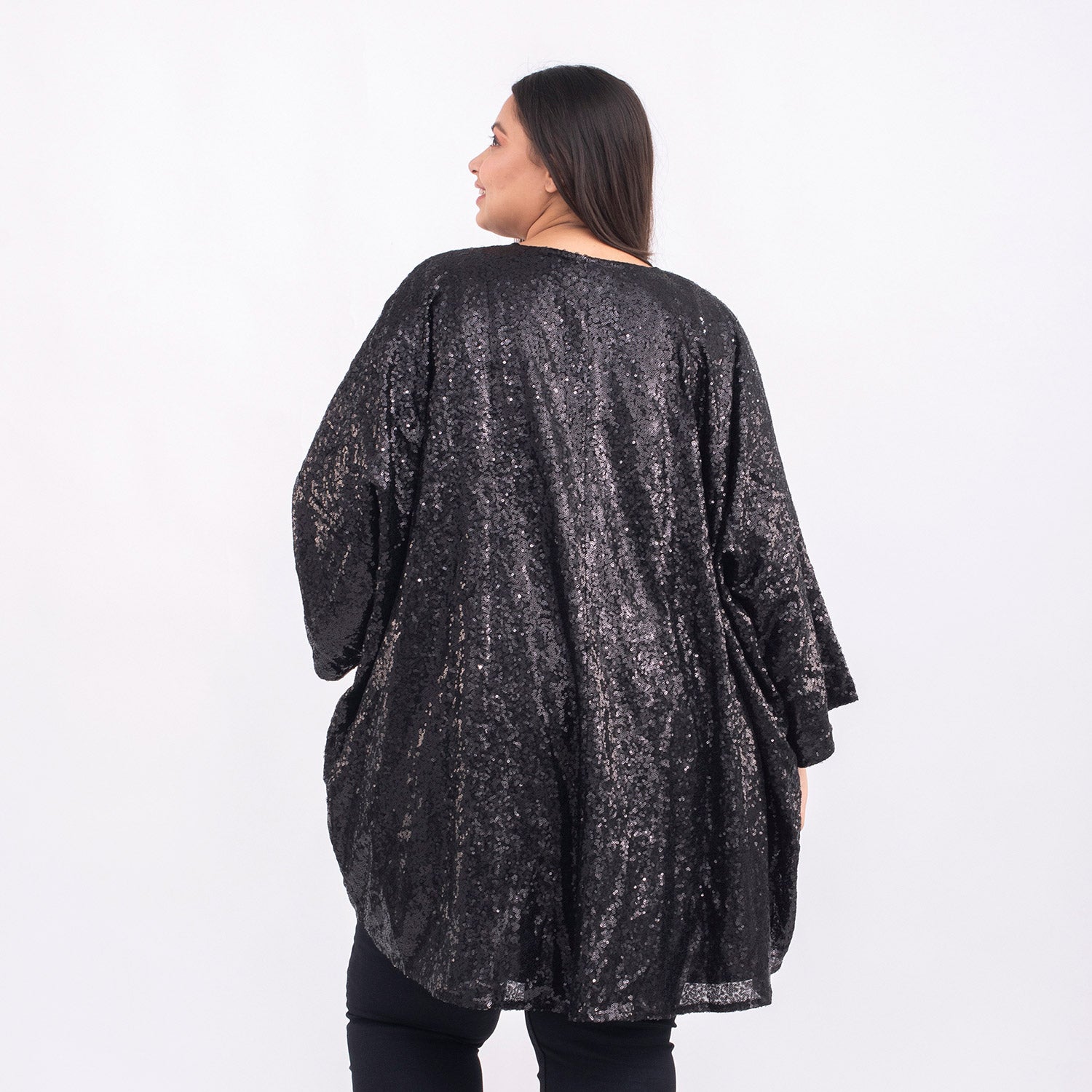 TAMSY Sequin Kimono with Poly Knit Lining (One Size Curve 20-26) - Black_7139491_1