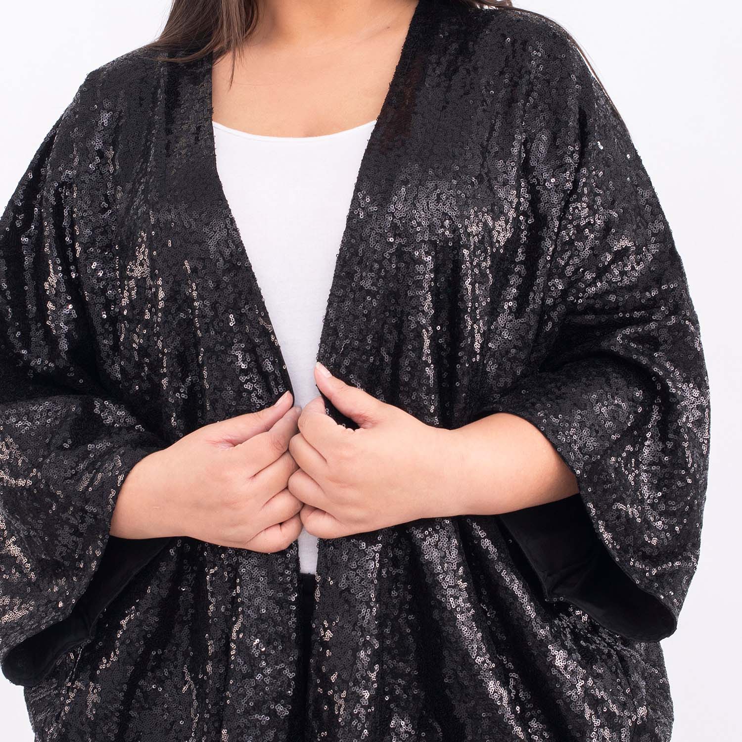 TAMSY Sequin Kimono with Poly Knit Lining (One Size Curve 20-26) - Black_7139491_3