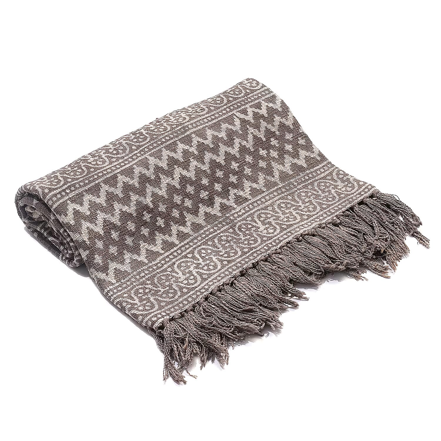 Luxury Edition - 100% Cotton Woven Hand Block Printed Throw with Tassels (Size 180x130 cm) - Brown - White