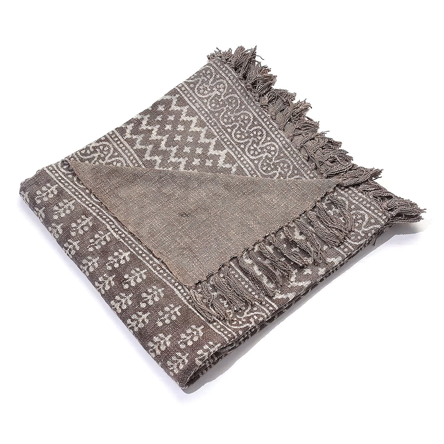 Luxury Edition - 100% Cotton Woven Hand Block Printed Throw with Tassels (Size 180x130 cm) - Brown - White