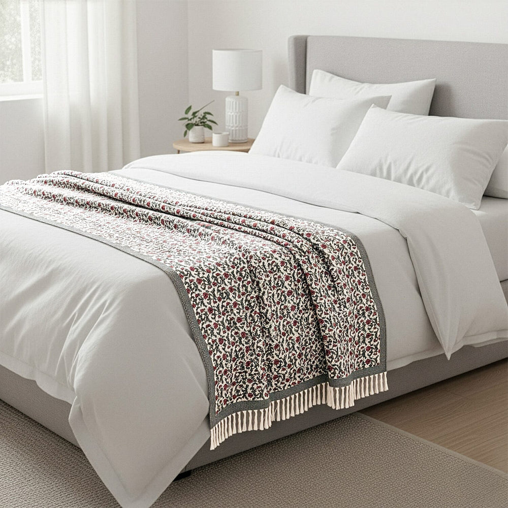 Luxury Edition - 100% Cotton Woven Hand Block Printed Throw with Tassels (Size 180x130 cm) - Grey - Off White