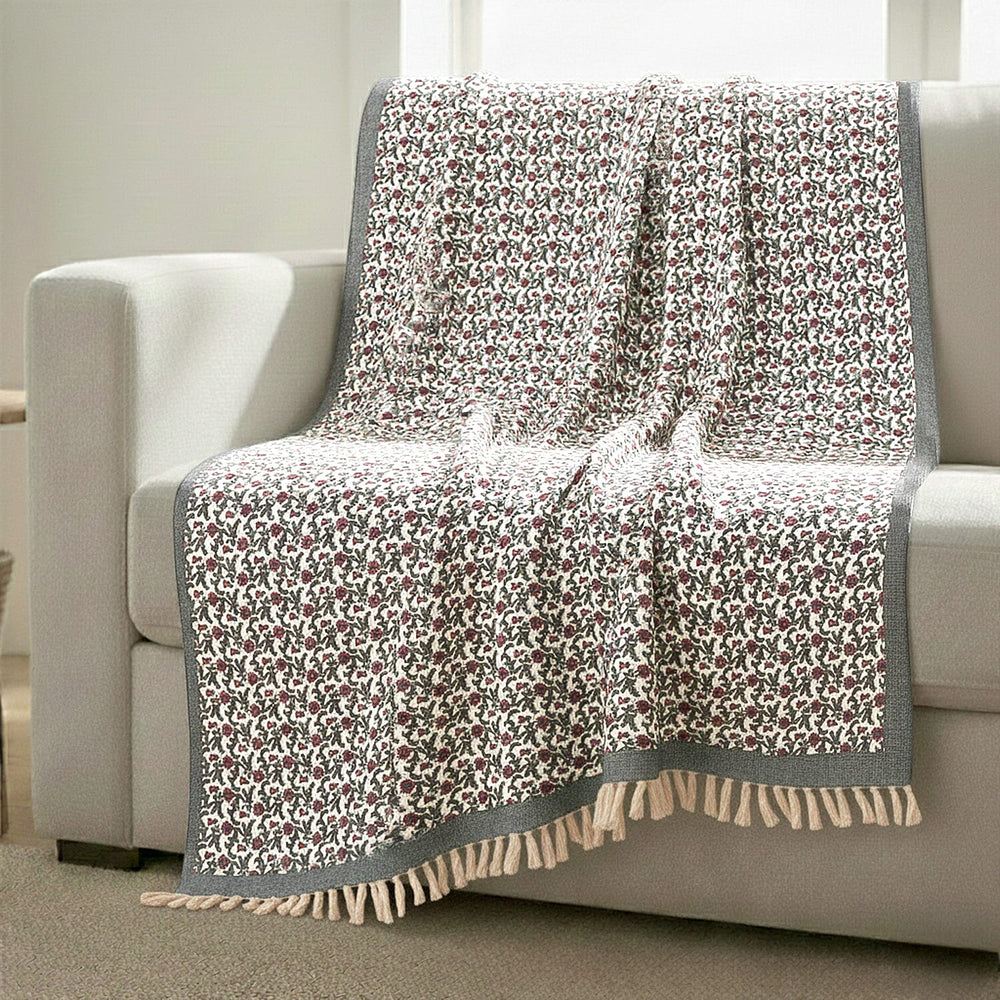 Luxury Edition - 100% Cotton Woven Hand Block Printed Throw with Tassels (Size 180x130 cm) - Grey - Off White