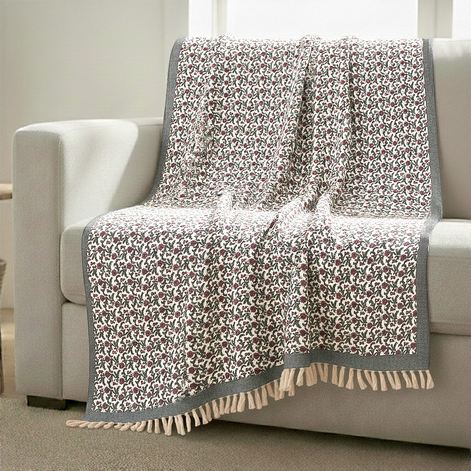 Luxury Edition - 100% Cotton Woven Hand Block Printed Throw with Tassels (Size 180x130 cm) - Grey - Off White