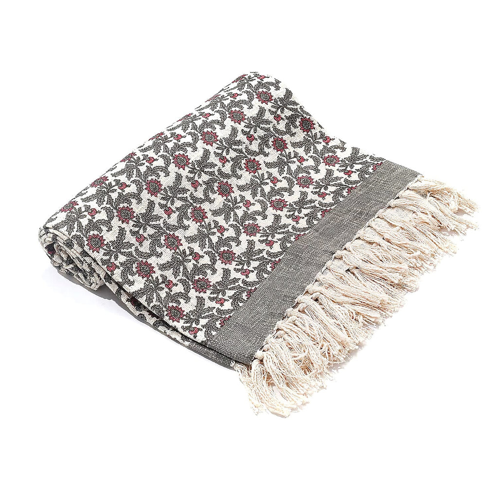 Luxury Edition - 100% Cotton Woven Hand Block Printed Throw with Tassels (Size 180x130 cm) - Grey - Off White