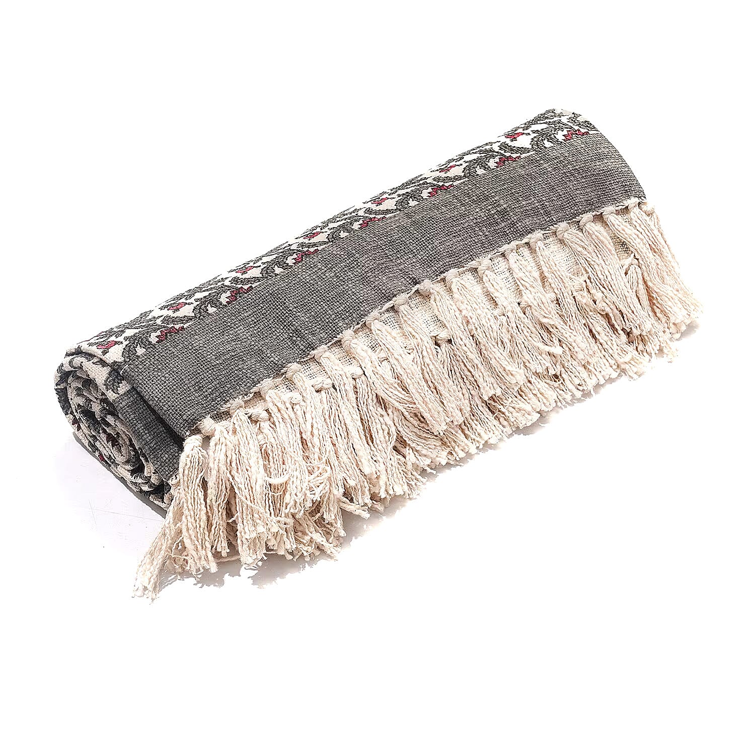 Luxury Edition - 100% Cotton Woven Hand Block Printed Throw with Tassels (Size 180x130 cm) - Grey - Off White