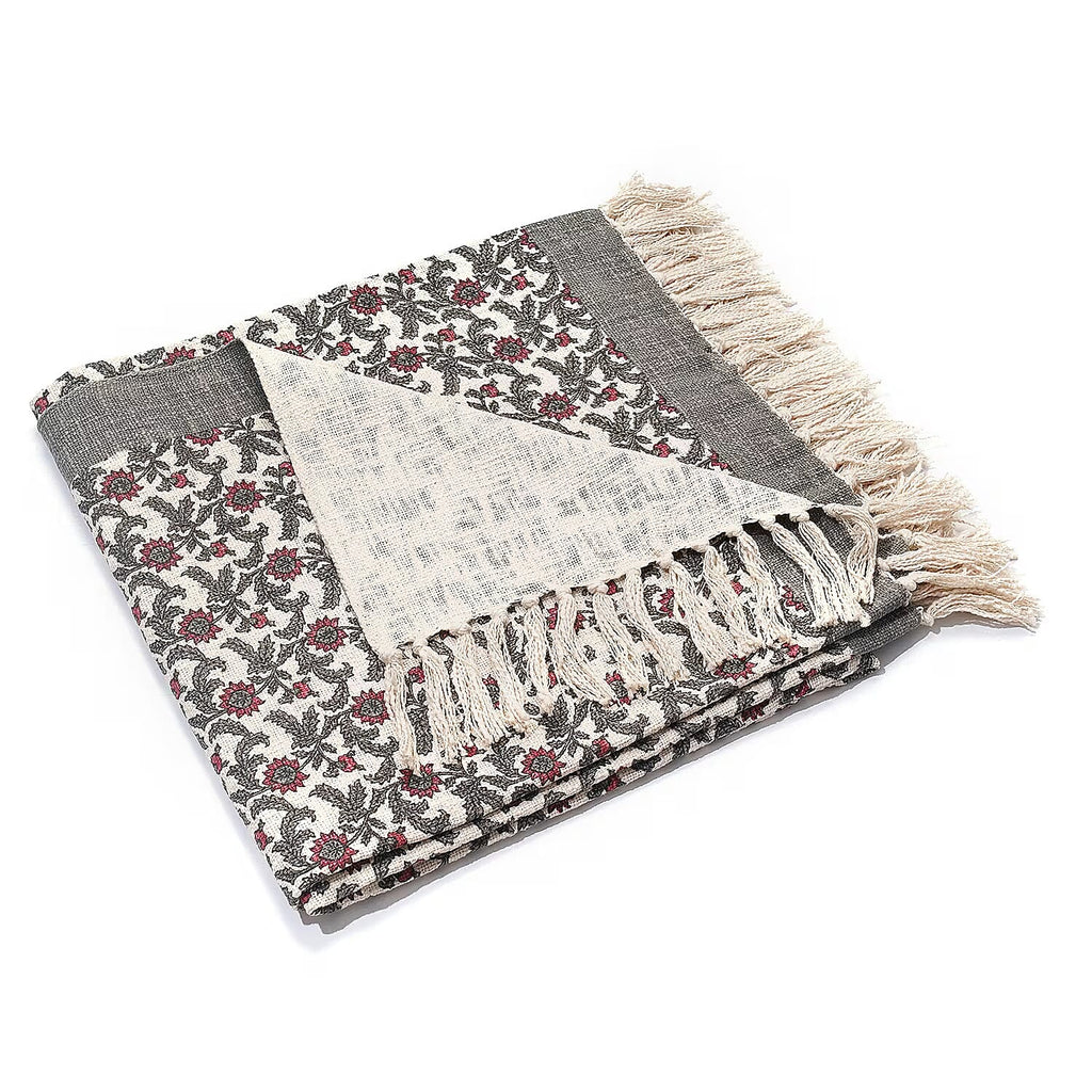 Luxury Edition - 100% Cotton Woven Hand Block Printed Throw with Tassels (Size 180x130 cm) - Grey - Off White