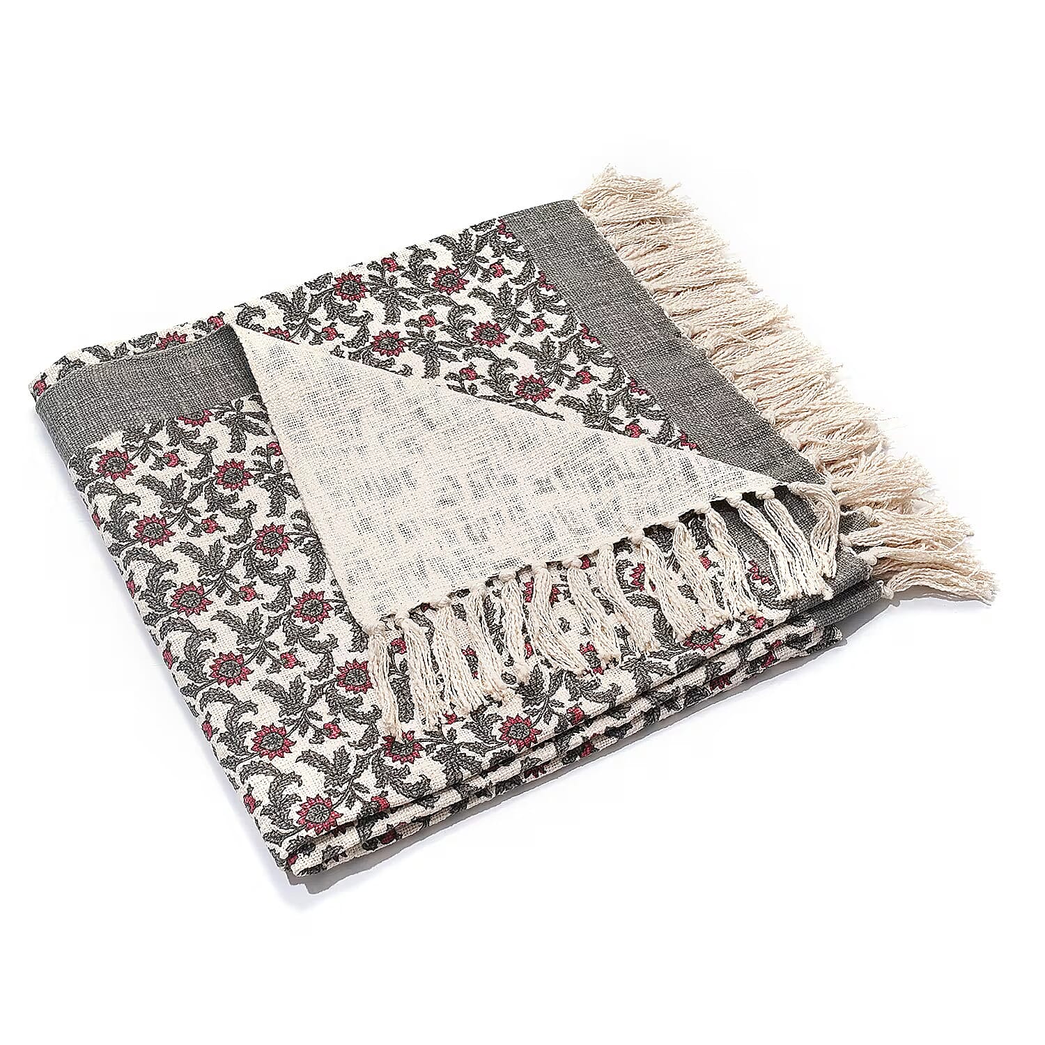 Luxury Edition - 100% Cotton Woven Hand Block Printed Throw with Tassels (Size 180x130 cm) - Grey - Off White