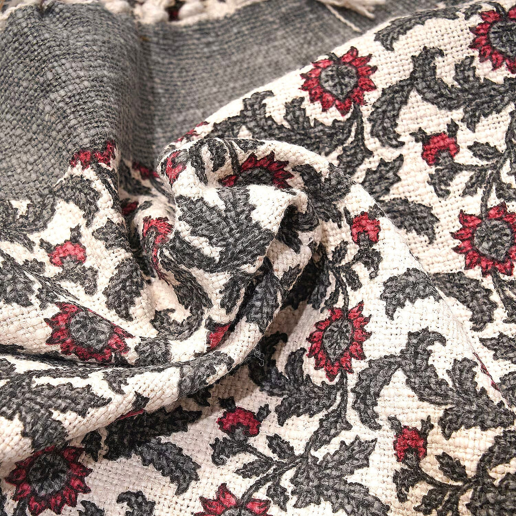 Luxury Edition - 100% Cotton Woven Hand Block Printed Throw with Tassels (Size 180x130 cm) - Grey - Off White
