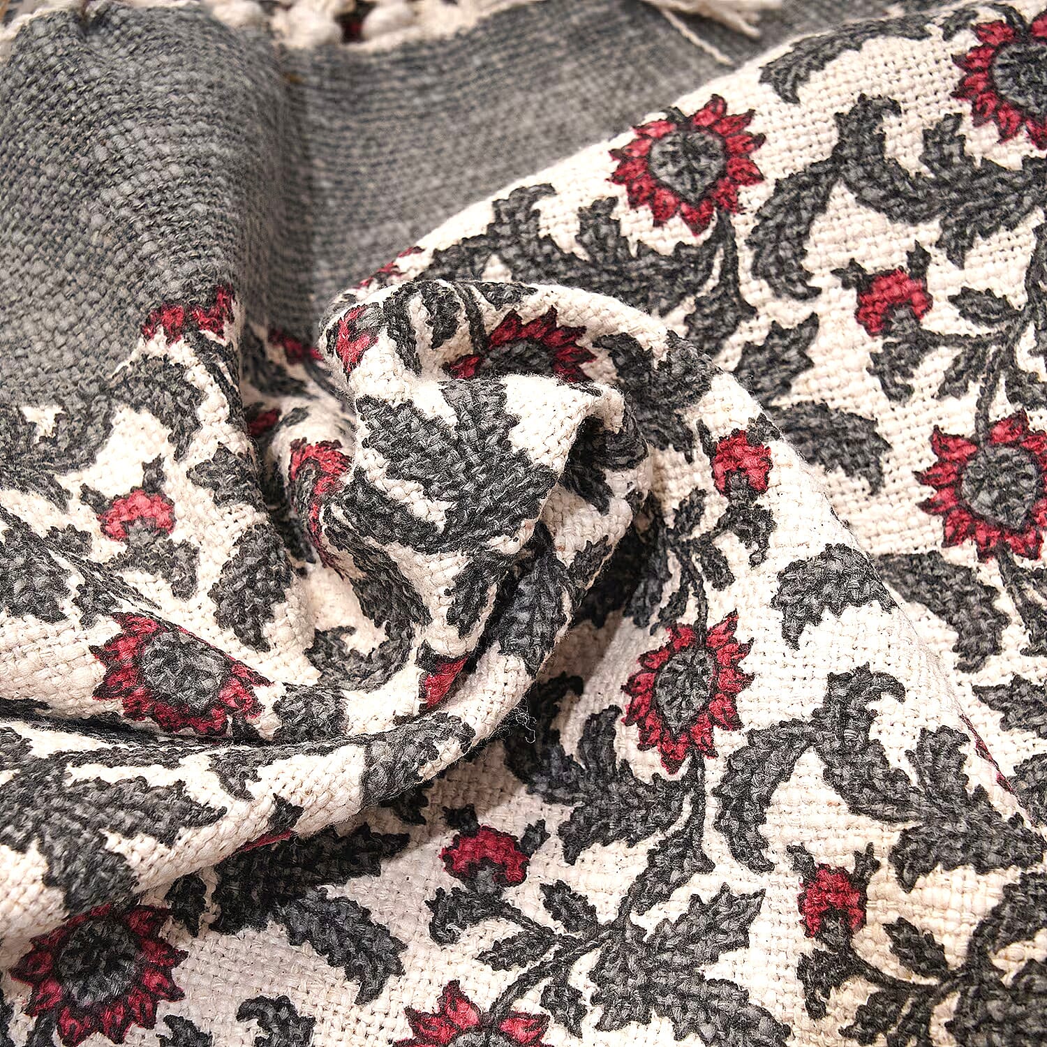 Luxury Edition - 100% Cotton Woven Hand Block Printed Throw with Tassels (Size 180x130 cm) - Grey - Off White