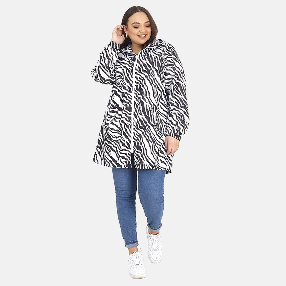 Brave Soul Zebra Pattern Water Resistant Hooded Rain Mac (Size 20) - Black & White_7226699