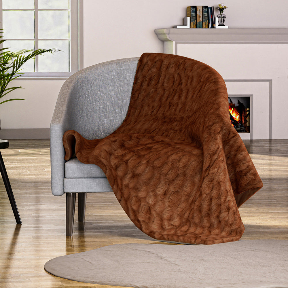 Ruched Faux Rabbit Fur with Velour Double Layer Blanket (Size 152x127 cm) - Brown_7254394