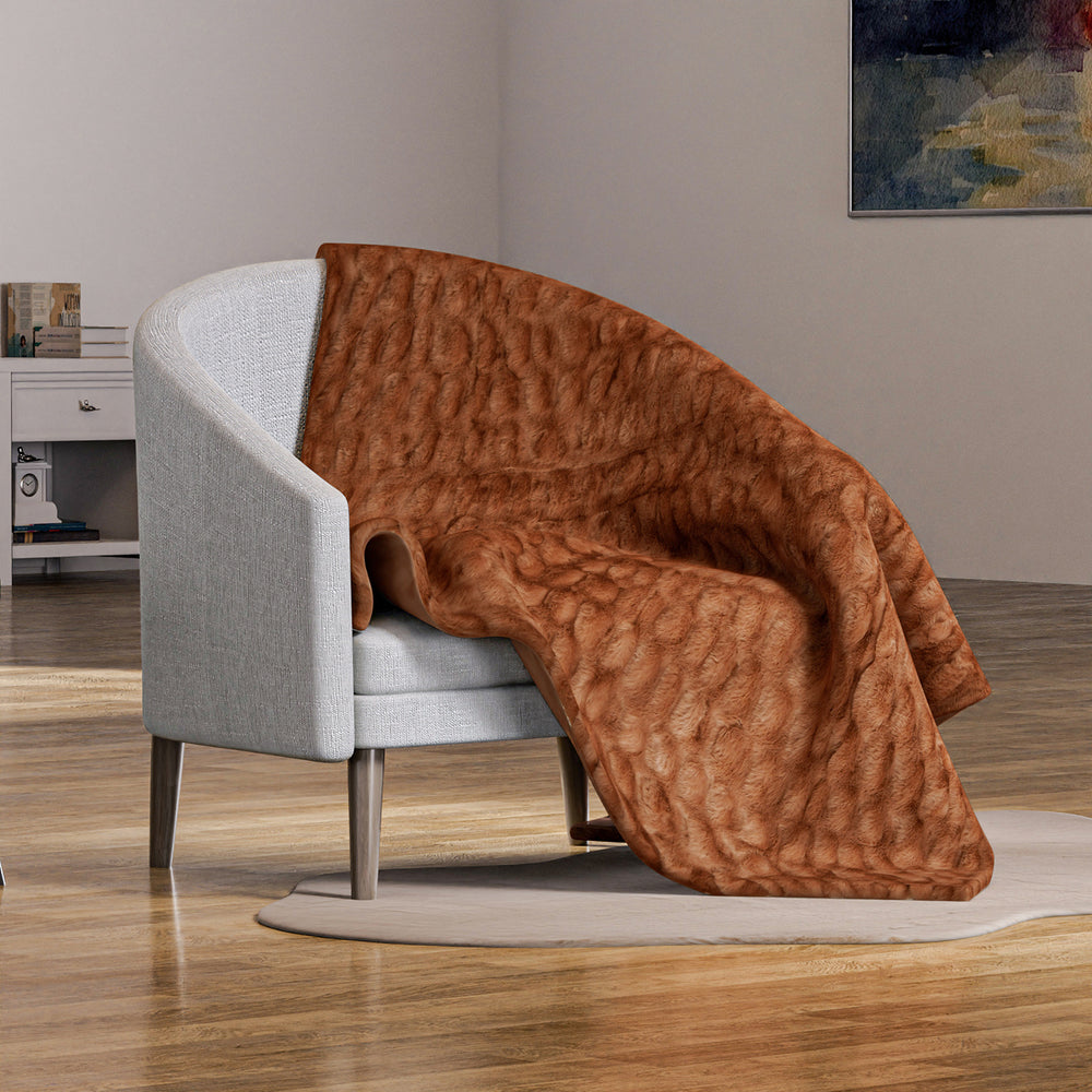 Ruched Faux Rabbit Fur with Velour Double Layer Blanket (Size 152x127 cm) - Brown_7254394_1
