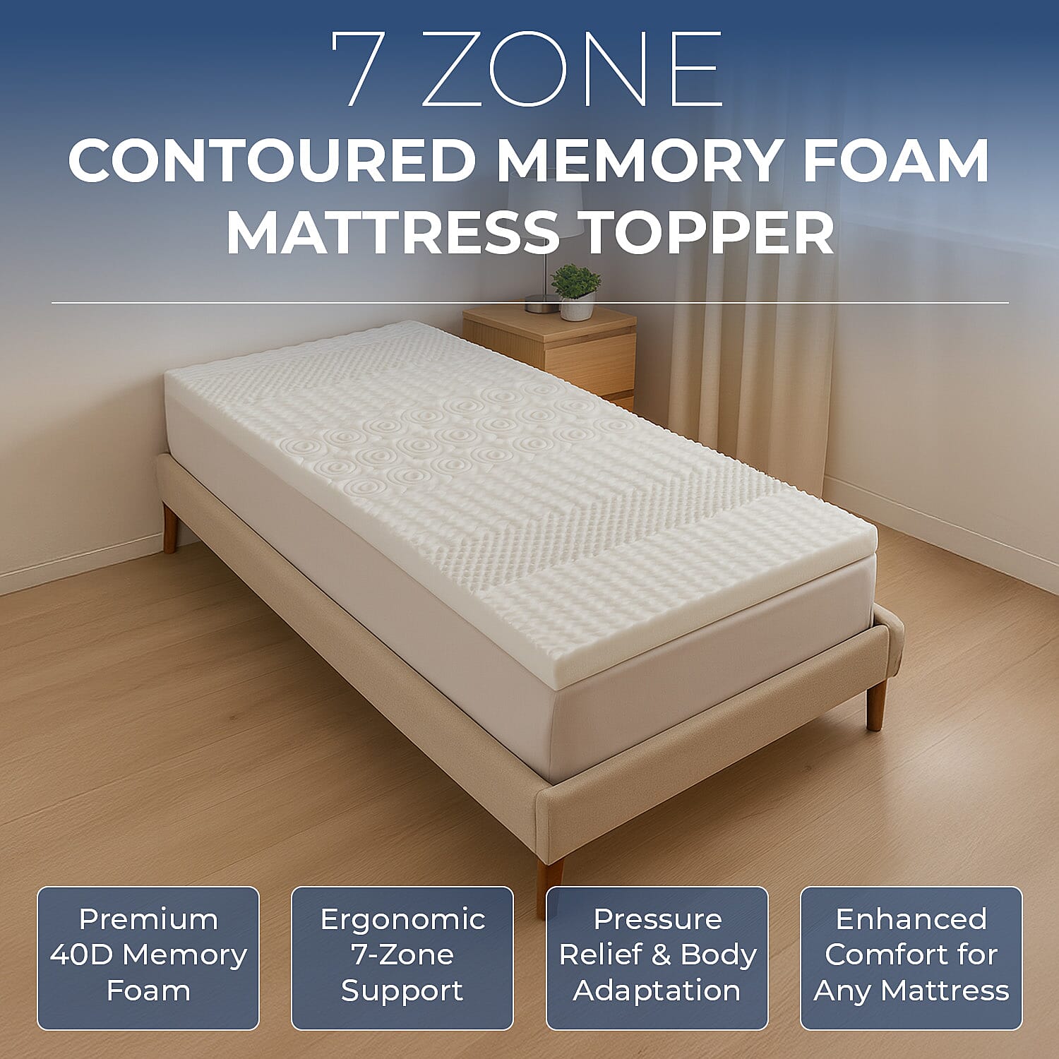 HUSH HAVEN 7 Zone Contoured 100% Memory Foam Deluxe Mattress Topper (Single - Size 190x90x4 cm) - White