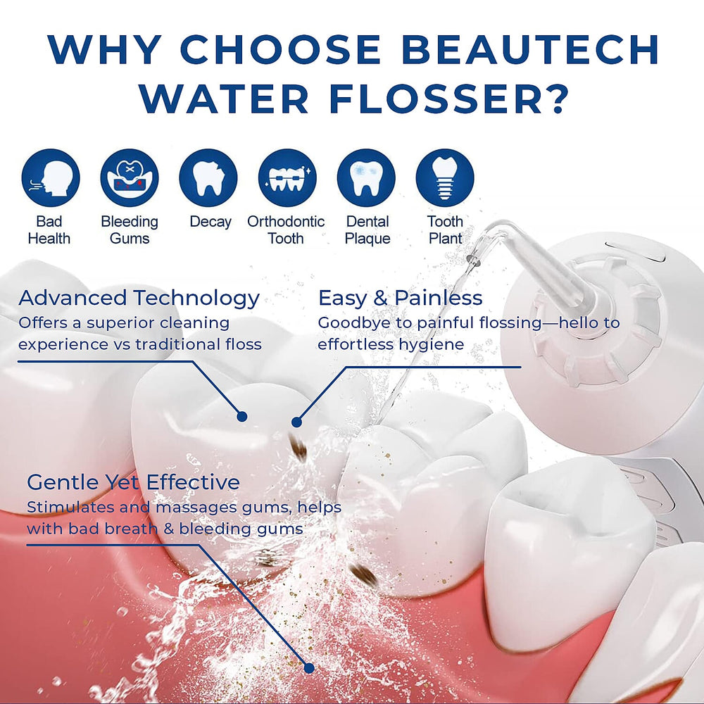 Beautech - Water Flosser with 3 Heads and IPX7 Waterproof- 3 Modes Clean, soft and Massage- 200 ml Tank