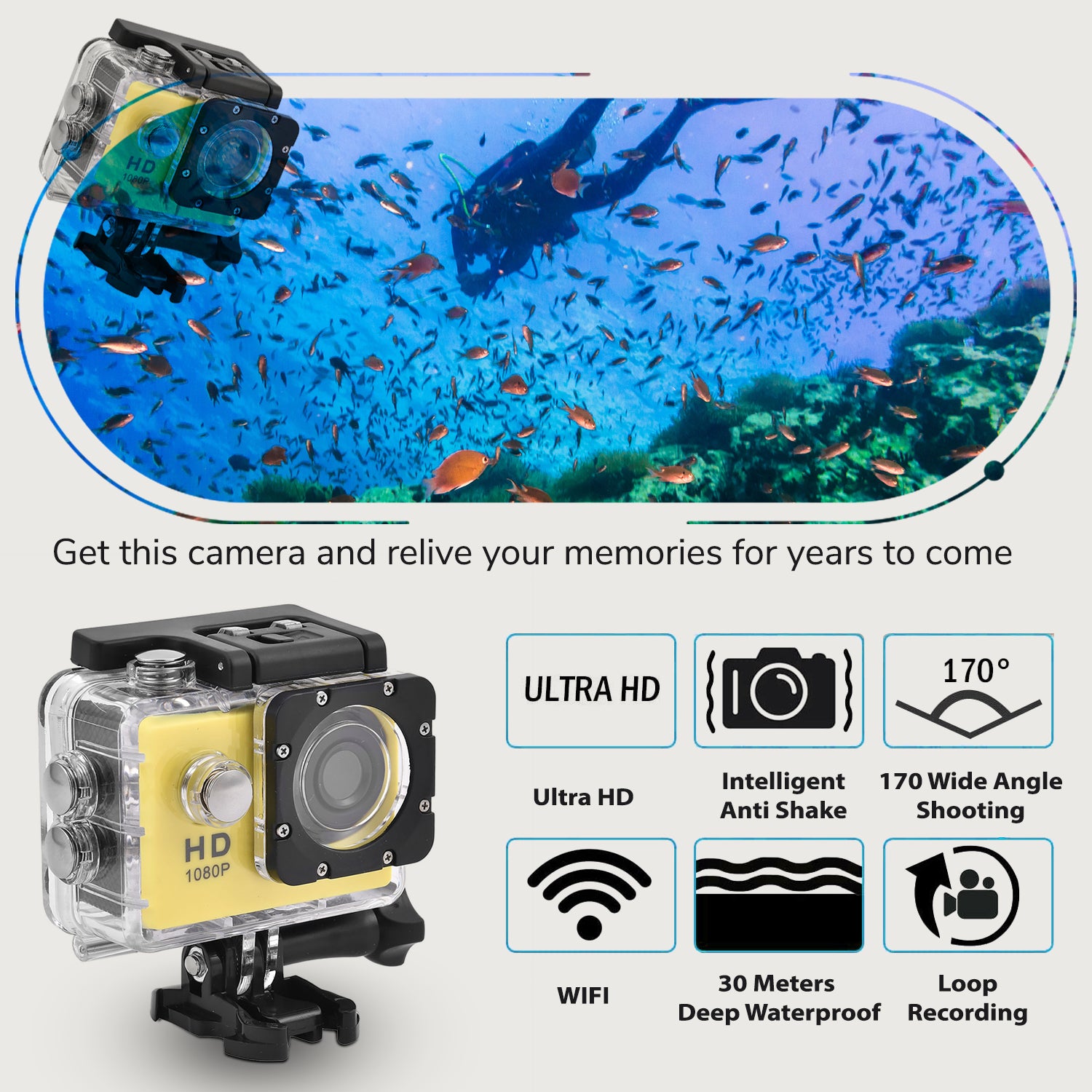 Multi-Purpose 30M Waterproof Camera 5MP, Camcorder 1080P, Motion Detection Dashcam - Yellow_7273510_3