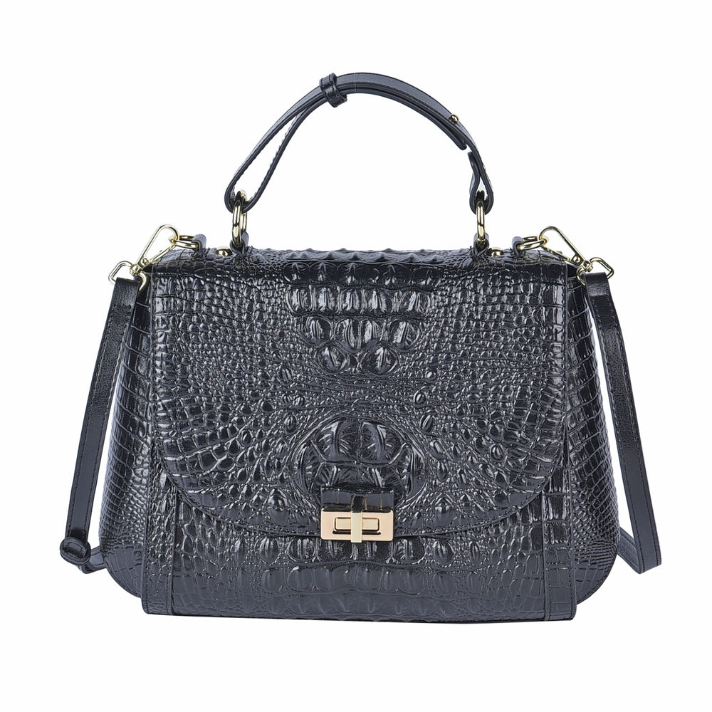 Black Friday Doorbuster - 100% Genuine Leather Croc Embossed Convertible Bag with Detachable Long Strap - Black_7311071