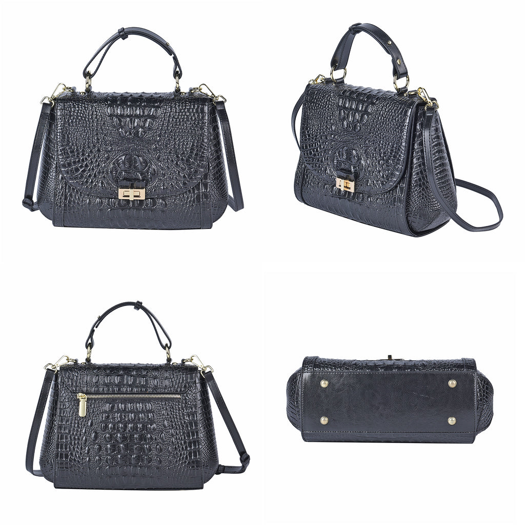 Black Friday Doorbuster - 100% Genuine Leather Croc Embossed Convertible Bag with Detachable Long Strap - Black_7311071_3