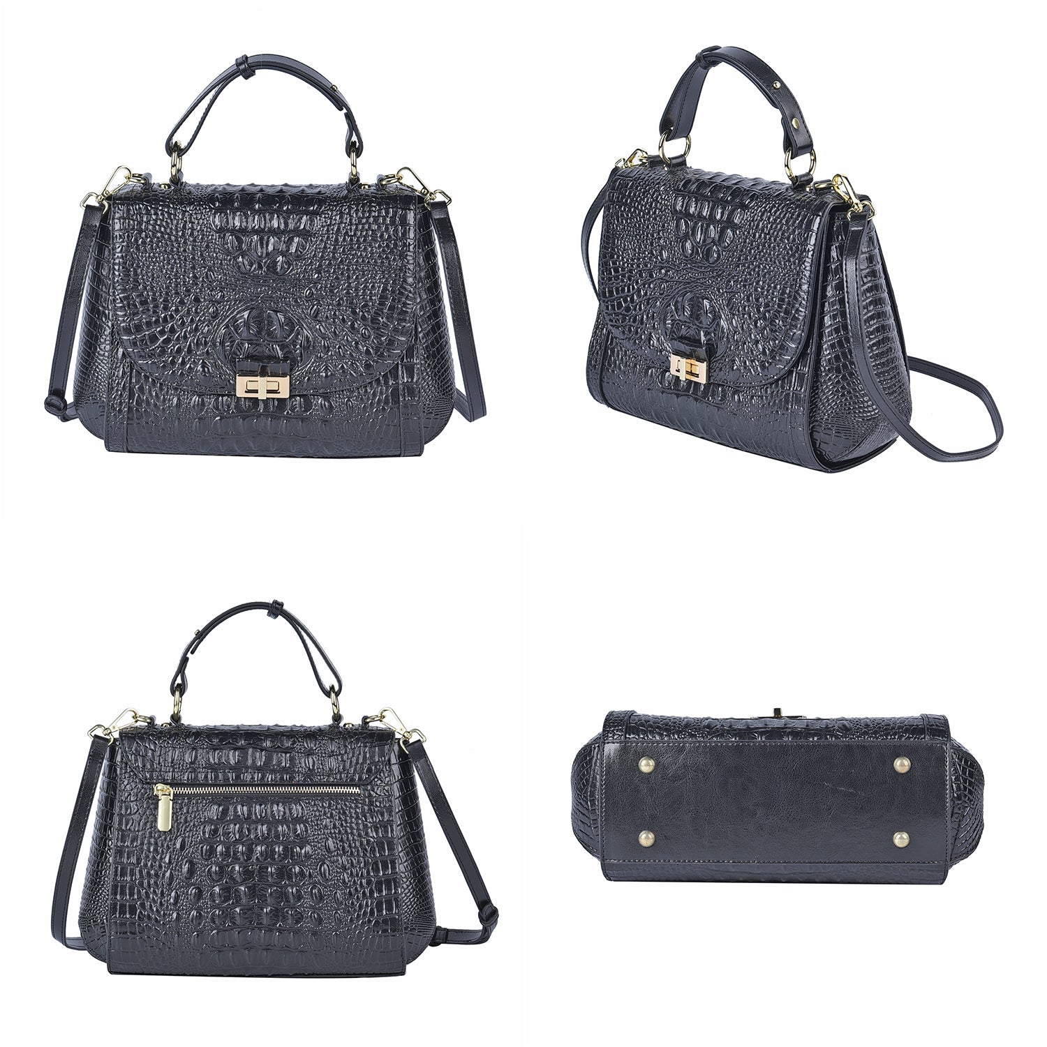 Black Friday Doorbuster - 100% Genuine Leather Croc Embossed Convertible Bag with Detachable Long Strap - Black_7311071_3