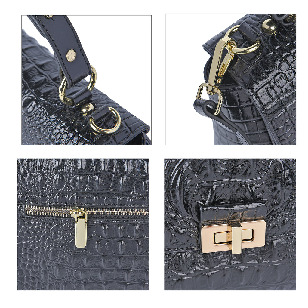 Black Friday Doorbuster - 100% Genuine Leather Croc Embossed Convertible Bag with Detachable Long Strap - Black_7311071_4