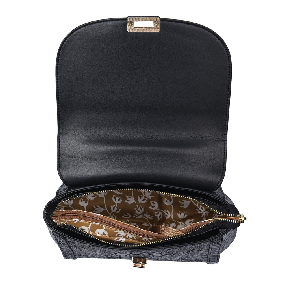 Black Friday Doorbuster - 100% Genuine Leather Croc Embossed Convertible Bag with Detachable Long Strap - Black_7311071_5