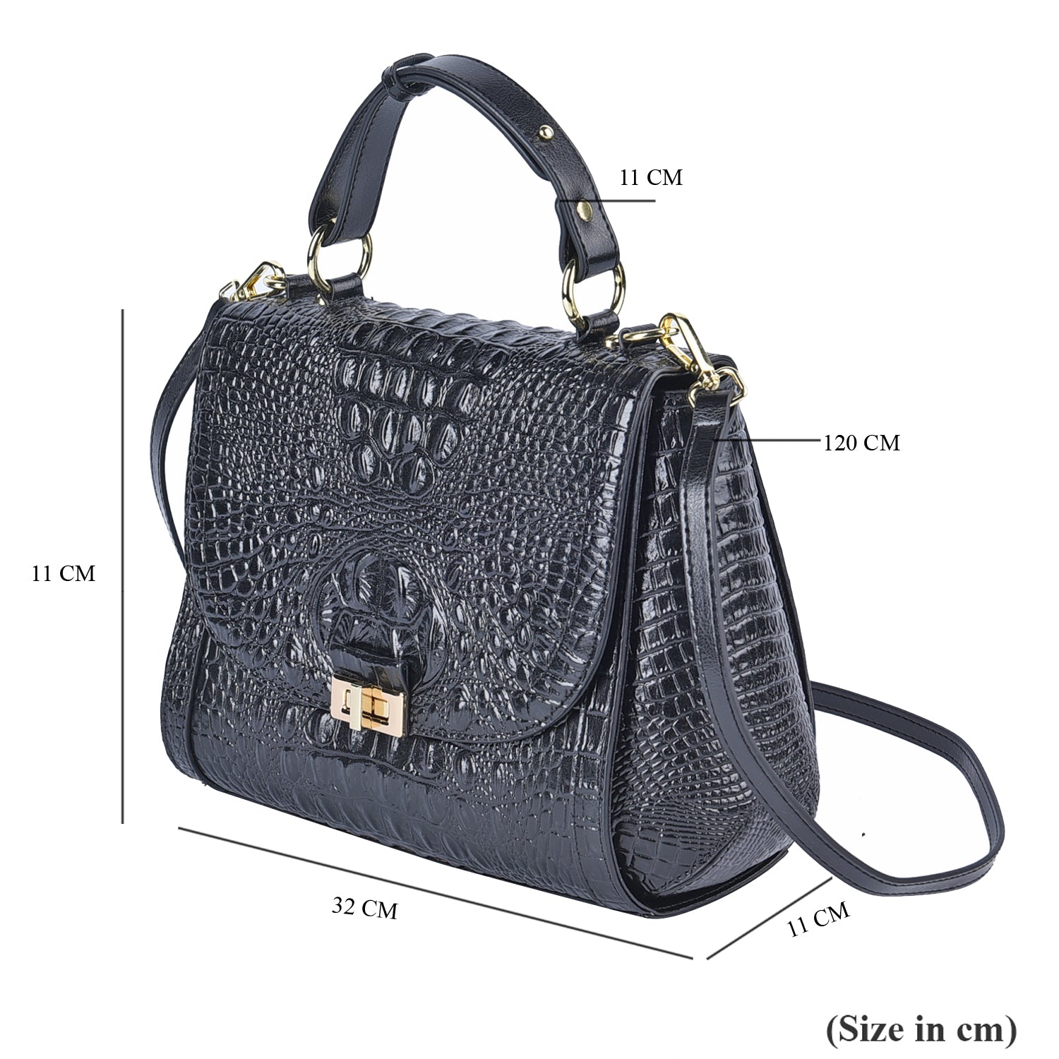 Black Friday Doorbuster - 100% Genuine Leather Croc Embossed Convertible Bag with Detachable Long Strap - Black_7311071_6