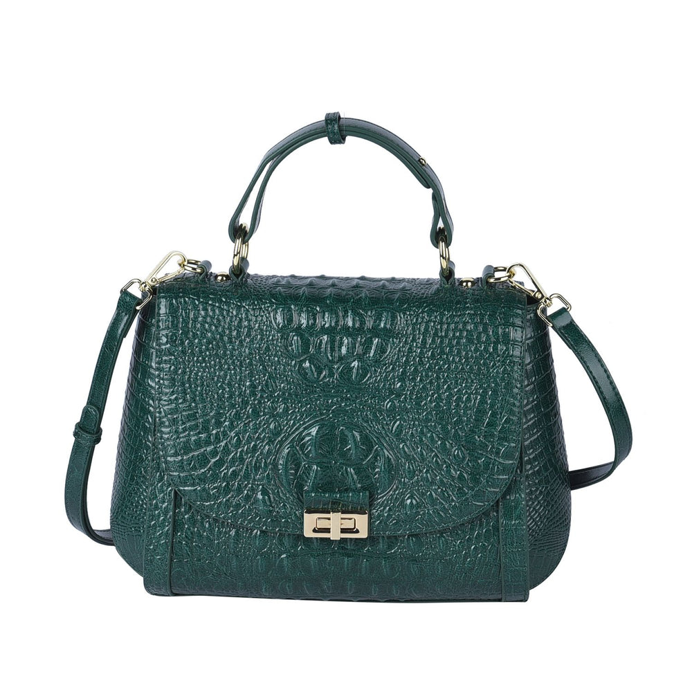 100% Genuine Leather Croc Embossed Convertible Bag with Detachable Long Strap - Green_7311072