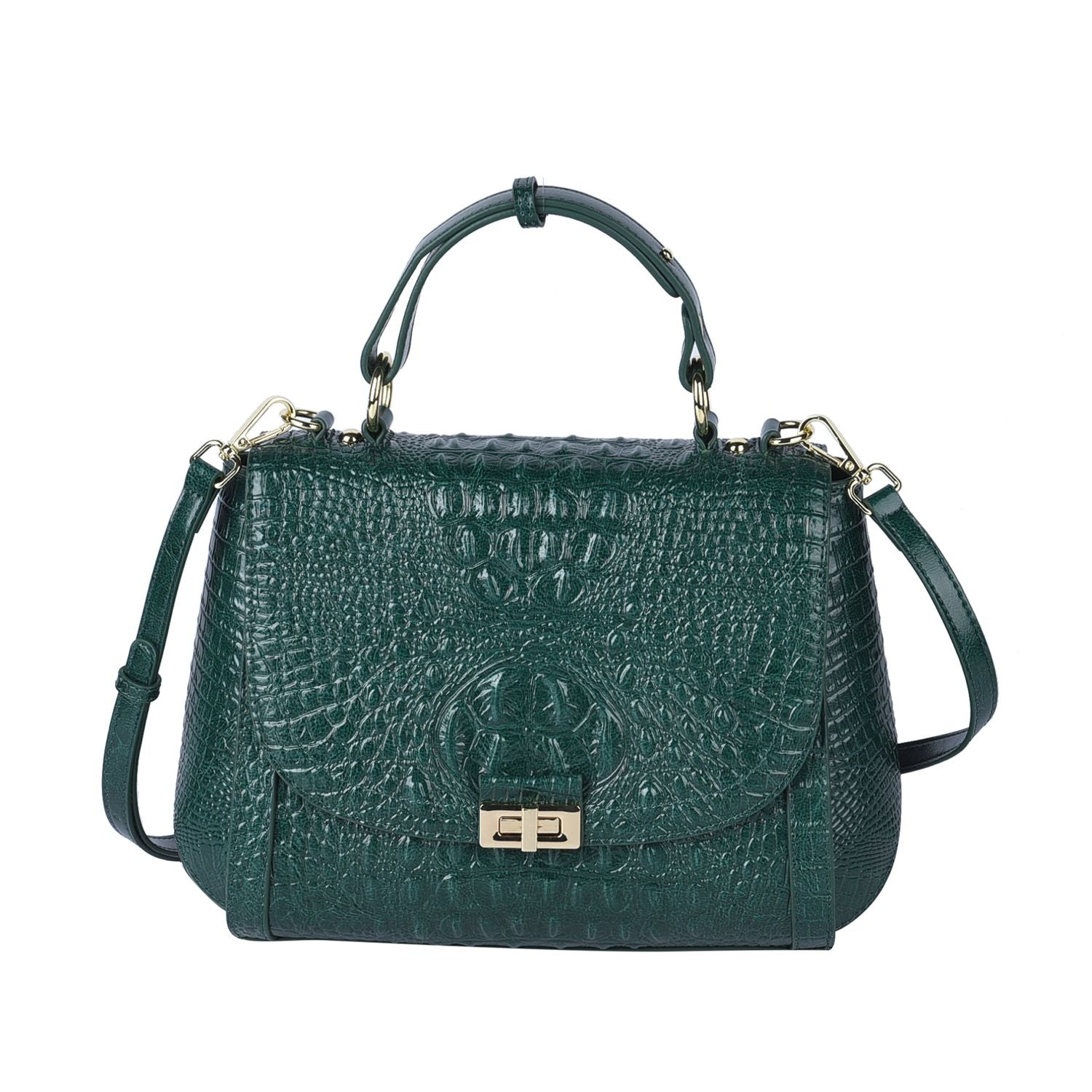 100% Genuine Leather Croc Embossed Convertible Bag with Detachable Long Strap - Green_7311072