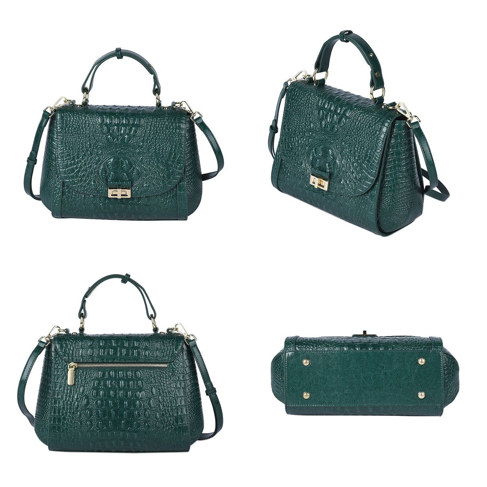 100% Genuine Leather Croc Embossed Convertible Bag with Detachable Long Strap - Green_7311072_3