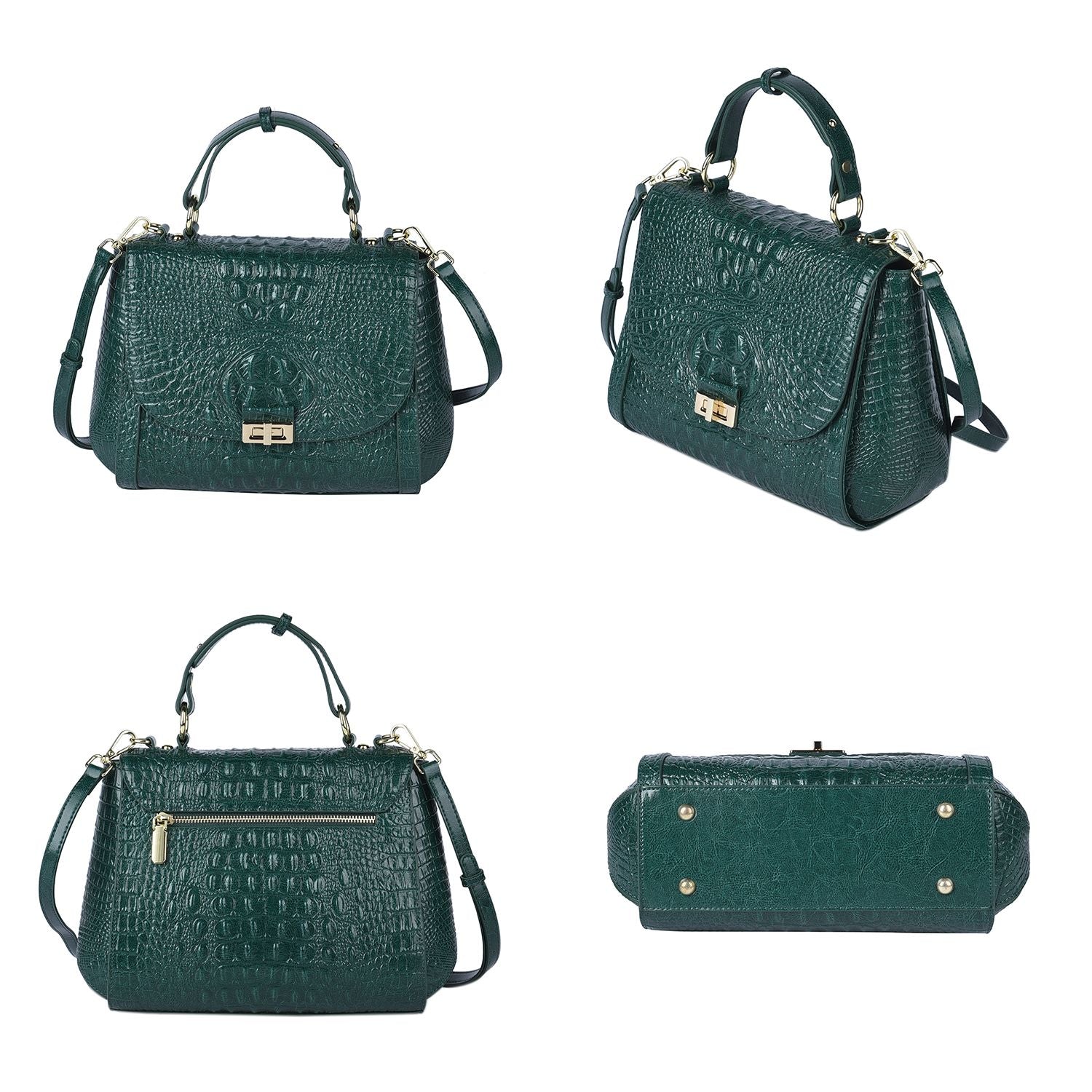 100% Genuine Leather Croc Embossed Convertible Bag with Detachable Long Strap - Green_7311072_3